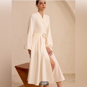 Commense Belted Button Front Long Sleeve Midi Dress